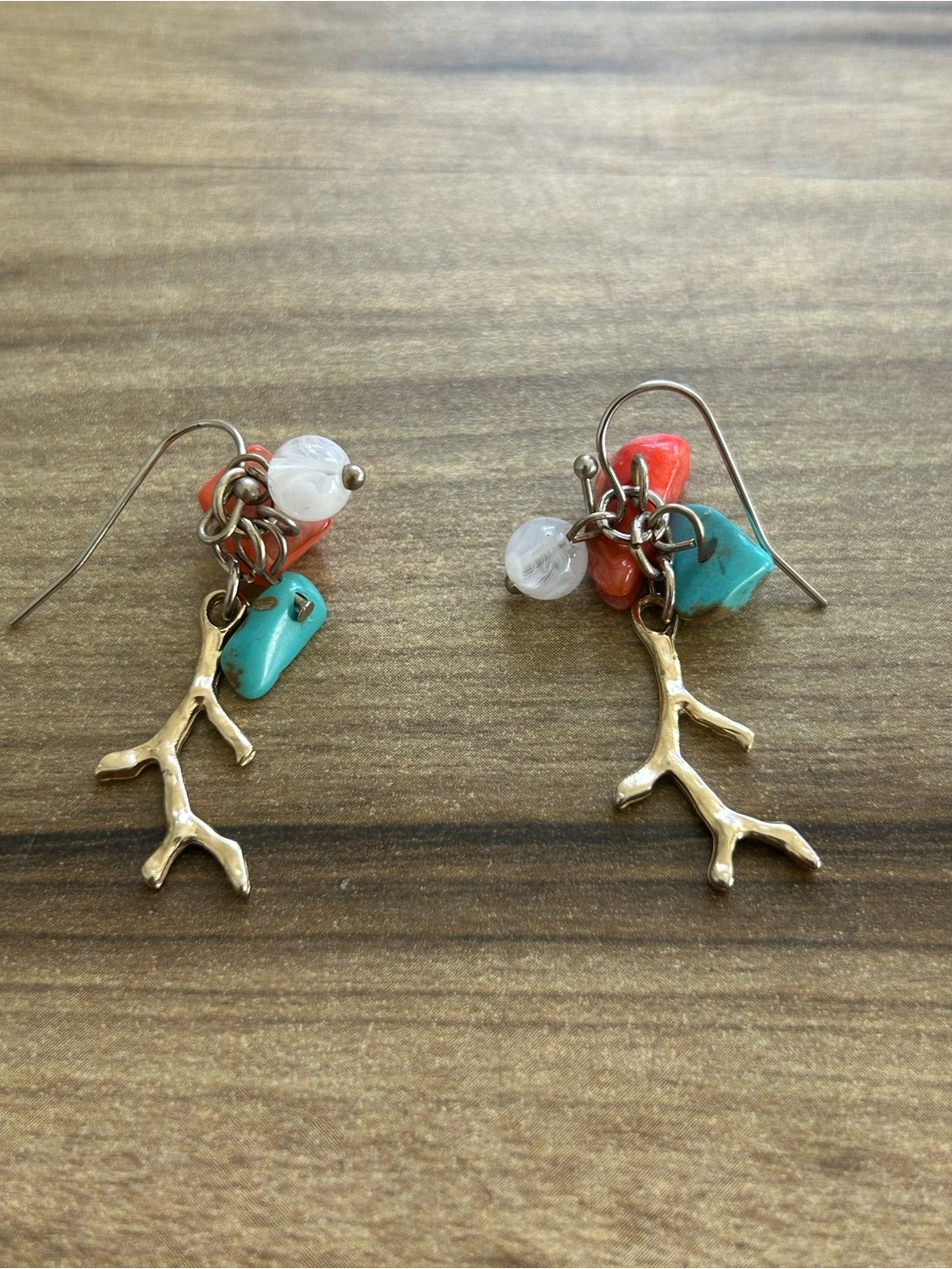 Gold Branch Dangle Earrings with Turquoise & Coral Beads